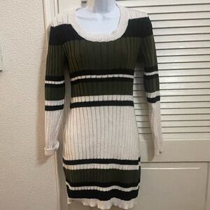 SHEIN M Stretch Ribbed Knit Sweater Dress Green White Black Stripes